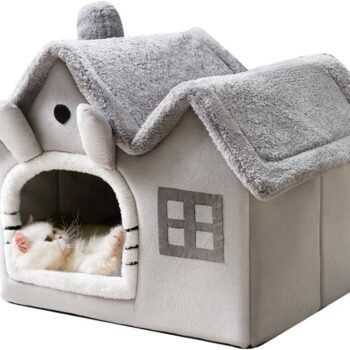 Luxury Double Roof Indoor Dog House Cat Nest,Foldable Warm Soft Kennel,30D High Elastic Memory Sponge,Removable Cushion and Non-Slip Bottom (Grey Double Roof, M)