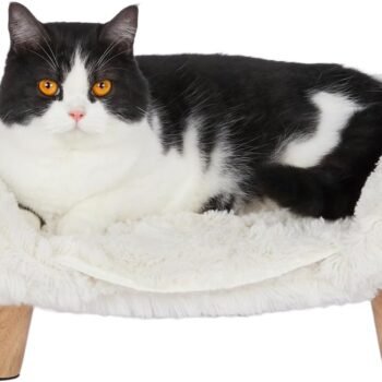 Elevated Pet Bed, Cat Dog Stool Bed with Sturdy Wood Legs Pet Chair, Plush Pet Bed, Round Warm Cuddler Kennel Soft Puppy Sofa for Small Dog Kitten,Relief and Improved Sleep-White