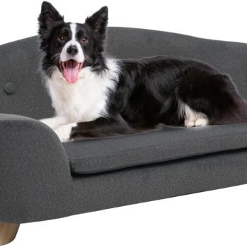 Large Dog Couch, 35" Wide Pet Sofa for Large and Medium Dogs with Removable Mattress Cover,  Raised Dog Couch Velvet Lounging Bed with Anti-Slip Bottom(Deep Grey)