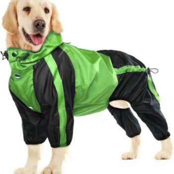 Dog Raincoat - Waterproof, Lightweight Jacket for Large Dogs - Adjustable 4 Legs Pet Poncho With Hood - Snow-Proof Vest With Leash Hole