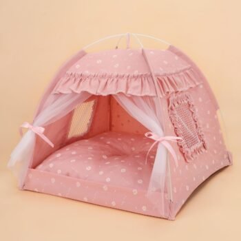 Cat Bed Tents Dog House Indoor Outdoor Lace Mesh Breathable Windows Door Curtains Removable Portable Nest Teepe House (Small,Pink(Ruffled Teim))