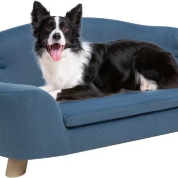 Large Dog Couch, 35" Wide Pet Sofa for Large and Medium Dogs with Removable Mattress Cover,  Raised Dog Couch Velvet Lounging Bed with Anti-Slip Bottom(Navy Blue)