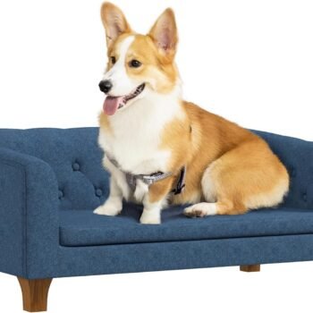 Raised Dog Sofa, Elevated Pet Couch for Small and Medium Dogs, with Removable Soft Cushion, Anti-Slip Pads, Simple Installation, Blue