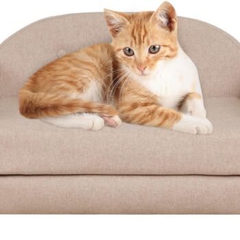 Dog Sofas and Chairs for Small Pet/Cat Sofa Bed with Wooden Frame/Bed for dogs with Linen Fabric/Cat Sofa Chair with Cushion/Dog Couch for Small Dog Rest Using (Beige)