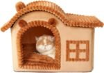 Bear Cat Houses for Indoor Cats, Chimney Cute Cat Bed Cave, Enough Interior Space, Cartoon Soft Pet House Up to 3-15 lbs Puppy, Brown