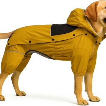 Fleece-Lined Dog Raincoat with Removable Hood – Waterproof Winter Full Body Dog Jacket – Windproof Snowproof Cold-Weather Suit – Yellow-F L