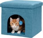 Pet House for Indoor Cats & Small Dogs, Collapsible & Foldable w/ Plush Ball Toy - Living Room Footstool Cat Condo - Ocean Blue, Small