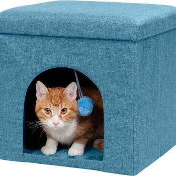 Pet House for Indoor Cats & Small Dogs, Collapsible & Foldable w/ Plush Ball Toy - Living Room Footstool Cat Condo - Ocean Blue, Small
