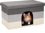 Pet House for Indoor Cats & Medium/Small Dogs, Collapsible & Foldable w/ Plush Ball Toy - Living Room Ottoman Cat Condo -  Stripe (Gray/Cream), Large