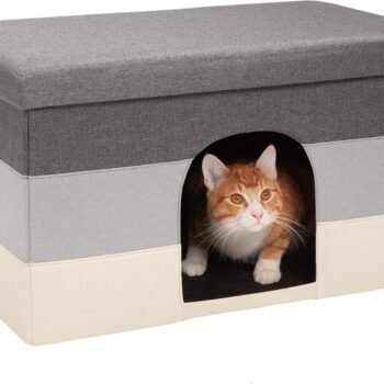 Pet House for Indoor Cats & Medium/Small Dogs, Collapsible & Foldable w/ Plush Ball Toy - Living Room Ottoman Cat Condo -  Stripe (Gray/Cream), Large