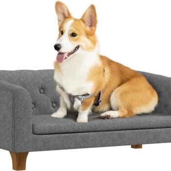 Raised Dog Sofa, Elevated Pet Couch for Small and Medium Dogs, with Removable Soft Cushion, Anti-Slip Pads, Simple Installation, Gray