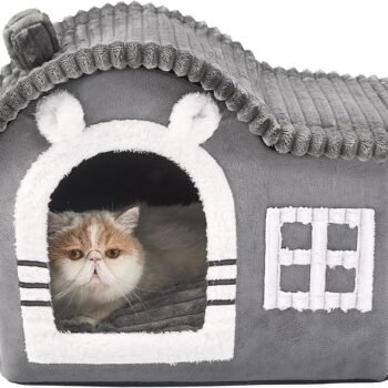 Bear Cat Houses for Indoor Cats, Chimney Cute Cat Bed Cave, Enough Interior Space, Cartoon Soft Pet House Up to 3-15 lbs Puppy, Gray