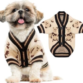 Small Dog Sweaters Cute Bear Dog Cardigans Clothes for Small Medium Dogs Boy Girl Puppy Cat Knitting Cardigan Outfits Dogs Autumn Coats Warm Pet Doggy Clothes Soft Knitwear Apparel (Beige,L)